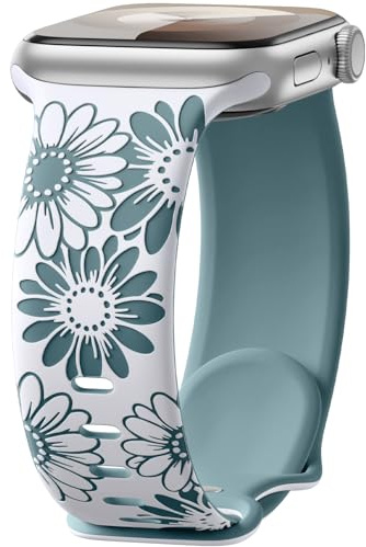 Maledan Gravé Floral Bracelet Compatible avec Bracelet Apple Watch 40mm 41mm 38mm 42mm pour Femmes, Bracelet de Sport en Silicone Bicolore pour iWatch SE Series 10 9 8 7 6 5 4 3 2 1, Blanc/Vert Pin