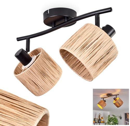 HOFSTEIN Deckenleuchte Granja, moderne Deckenlampe aus Metall/Bast in Schwarz/Natur, 2-flammig, mit verstellbaren Strahlern, Leuchte im Boho-Design, 2 x E14, ohne Leuchtmittel