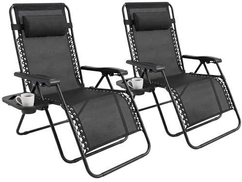 Set of 2 Folding Reclining Adjustable Zero Gravity Lounge Chairs, Garden Chairs leisure Beach Chair with Headrest Sun and Cup Holder Loungers Powder-coated Steel Frames, Sunlounger,Beach Lounger,Black
