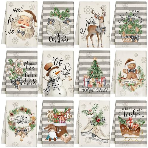 VitalCozy Weihnachtliche Küchentücher und Geschirrtücher, saugfähig, gestreift, Weihnachtsbaum, Rentier, Weihnachtsmann, Lebkuchen, Handtücher, Dekoration für Weihnachten, Zuhause, Geschenkzubehör, 36