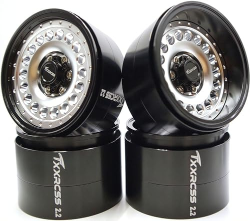 Txxrcss Adjustable 2 Offsets RC 2.2 Beadlock Wheels Rims Hub 1/10 Crawle Wheel Car Aluminum for Upgrades Remote Control SCX10 Capra Wraith Trx4 (4PC) (Bright Black ＆ Silver)