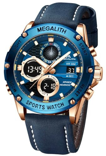 MEGALITH Orologio Uomo Digitale Sportivo: Impermeabile Orologio da Polso Uomo Grande con LED Cronometro Allarme - Cinturino Pelle Blu