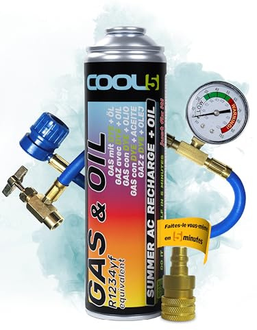COOL5 recharge gaz de remplacement r1234yf, réfrigérant de remplacement r1234yf pour climatisation automobile - 1 boîte 2en1, 290 g + tuyau de mesure + adaptateur + APC 500ml
