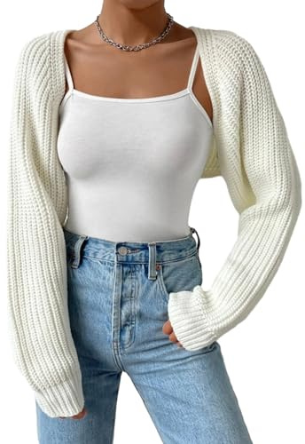 Felcia Damen-Bolero, vorne offen, langärmelig, bauchfrei, leicht, für Frühling und Herbst, Strickjacke, Weiß A, M