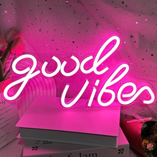Good Vibes Neon Schild Rosa LED Neonlicht Schilder Leuchtreklame | USB-betrieben Leuchtbuchstaben Neon Schriftzug für Wanddekoration Schlafzimmer Geburtstag Party Hochzeit Valentinstag