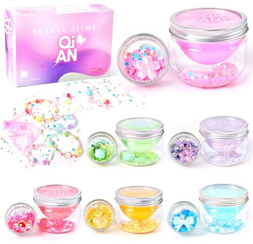 ToysButty 6 Pack Slime Set für Kinder, Nicht Klebender Klarer Schleim mit DIY Charm,Perlen Armband Bastelset, Glitzer Knete Spielzeug Freundschaftsarmbänder, Geburtstagsgeschenk für Mädchen 8-12 Jahre