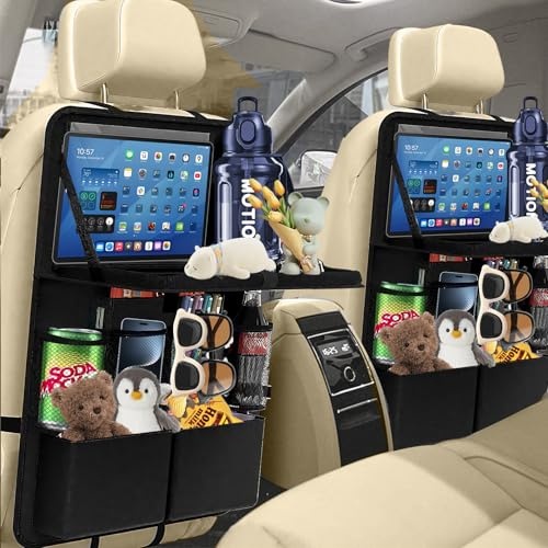 Vauki Auto Organizer - 2 Stück Kinder Autositz Organizer mit 12 Taschen & Klapptisch，Krümelfang-Funktion，wasserdichter Rücksitzschutz für Kinder，Schwarz