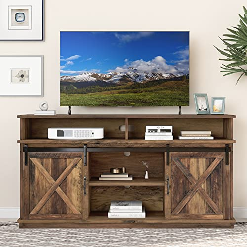 Merax TV-Schrank, TV Ständer Sideboard Lowboard für 65-Zoll-Fernseher, rustikales Farm-Design, mit 2 Schiebetüren, verstellbaren Regalen für Wohnzimmer, Esszimmer, Vintage Braun, 148 * 40 * 78 cm