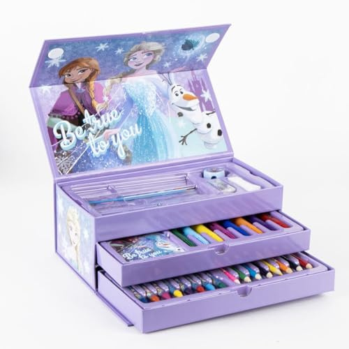 Maletín Pinturas Frozen con más de 60 piezas Estuche organizador con lápices, rotuladores, acuarelas, crayones y accesorios creativos – Caja de dibujo Frozen ideal como regalo infantil