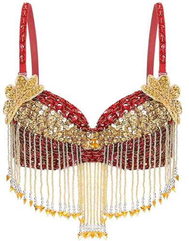 Yihuimin Abito da Danza Orientale Donna Scintillante Sexy Costume Danza del Ventre Spettacolo Reggiseno Rosso Taglia Unica