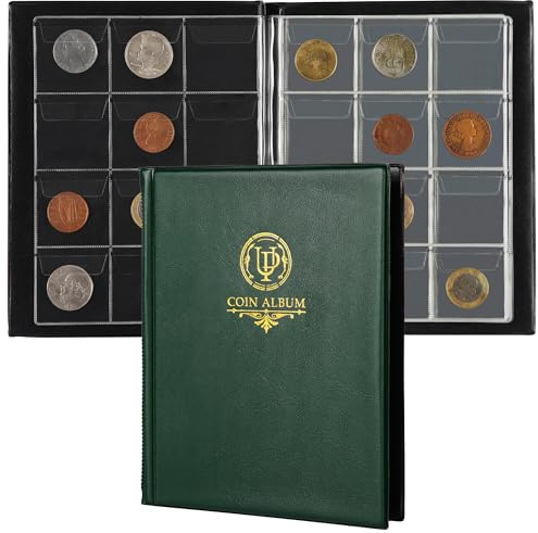 120 Pockets Coin Album - Coin Collecting Book with 10 Pages, 45x43 mm Grid Holder for Pounds Pence Cents Dollars Nickel (Green) CS48120GR