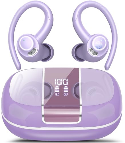 Wireless Earbuds Sport, 48H Bluetooth 5.3 Headphones with ENC Noise Canceling Mic, Wireless Earphones with Earhooks, LED Display, IPX7 Waterproof Bluetooth Ear Buds for Running/Gym/Workout/Purple Taro