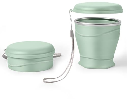 Bidponds Tasse pliable en silicone avec couvercle,260ml,sans BPA, bord en acier inoxydable 304, tasse portable pour voyage, camping, randonnée, sports de plein air (vert clair)