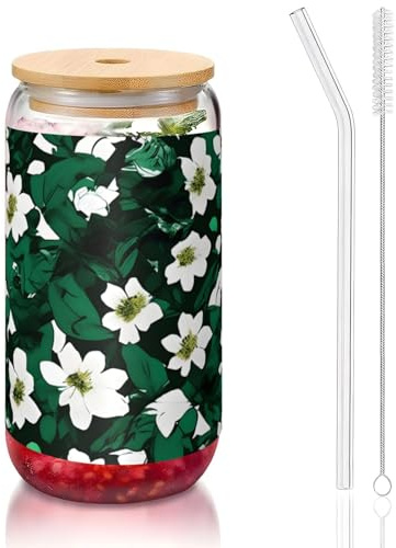 GaxfjRu Hunter, coperchi e cannuccia in vetro con motivo floreale verde con petali e cannuccia in vetro, per frullati, tè, cola, soda