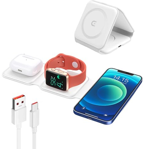 Cargador de inducción 3 en 1 magnético cargador inalámbrico para iPhone 15 14 13 12 Pro/Pro Max/Plus/Mini,AirPods,Apple Watch Dock portátil con protección inteligente y USB-C estación de carga rápida