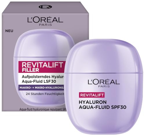 L'Oréal Paris Hyaluron Aqua-Fluid SPF 30, vadderande, skyddande och 24 timmar Fukt, för strålande hy, [med hyaluronsyra niacinamid], anti-aging dagkräm, vitalift fyllmedel, 40 ml