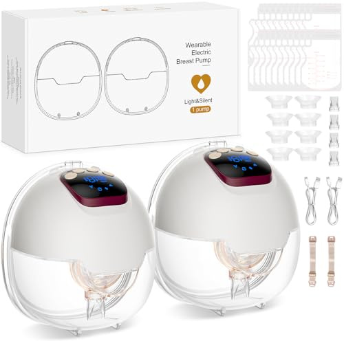 AMIPOW Tiralatte Elettrico Indossabile 4 Modalità e 15 Livelli Tiralatte Portatile con Display a LED, Senza BPA, Elettrico a Mani Libere con Flange da 18/20/22/24 mm (2 Pezzo)