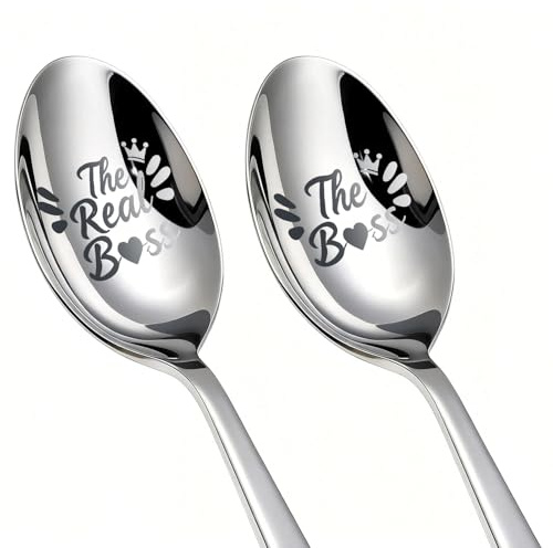 The Boss The Real Boss Gifts for Couples, Stainless Steel Engraved Coffee Spoons with Gift Box His and Hers Couple Gift Wedding Gifts Spoon for Valentines Day, Wedding, Birthday, Anniversary