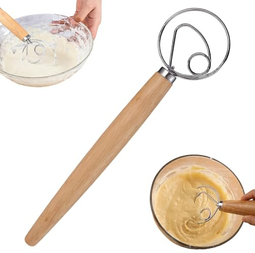 KinetiCore Danish Dough Whisk, 32.5cm 304 Stainless Steel Dutch Whisk with Wooden Handle, Handheld Sourdough Bread Mixer for Baking, Dough, Pastry & Kitchen Mixing