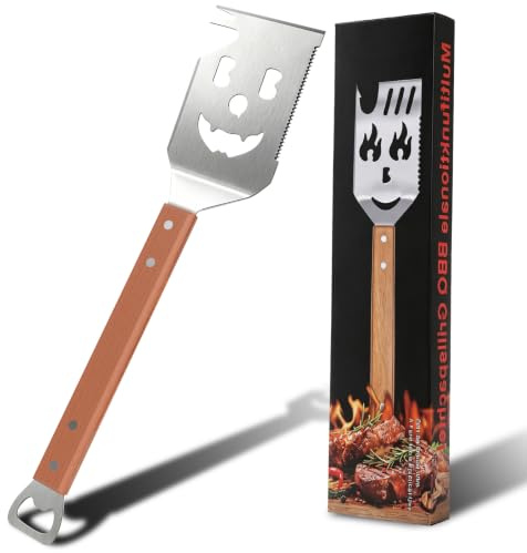 Spatule Barbecue 7 en 1, BBQ Spatule Uniques INOX avec Poignée 42.5 x 9.5cm | Pince Cuisin en Bois et Décapsuleur - Ustensiles Barbecue pour Cuisine, Le Camping et Les Pique-Niques, Cadeaux