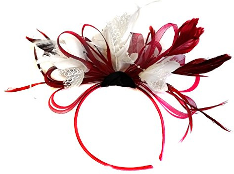 Vinröd och vit fascinator pannband nät ring fjäder hår bröllop tävlingar