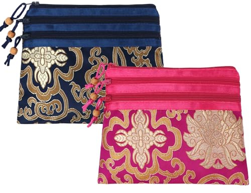 kilofly Chinese Silk Brocade 3 Zipper Pockets Jewelry Pouch Bag, Set of 2