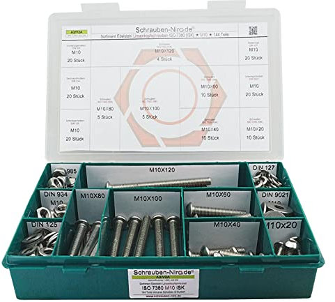 Sortiment M10 ISO 7380-1 Edelstahl A2 (V2A) Flachrundkopfschrauben Innensechskant - Set bestehend aus Schrauben, Unterlegscheiben (DIN 125, 127, 9021) und Muttern (DIN 934, 985) - 144 Teile