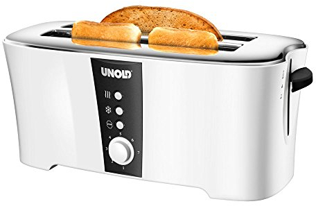 Unold 38020 Tostapane con Fessura Lunga, Design Doppio per 4 fette, 1.350 W, Struttura ad Isolamento del Calore, 1350 Watt, Colore Bianco
