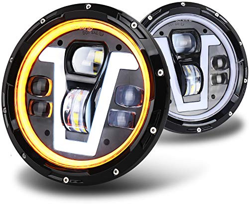 MOVOTOR TÜV-geprüfter 17,8 cm LED-Scheinwerfer mit bernsteinfarbenem Blinker, V-Typ, weiß, DRL, Hi Lo-Strahl, kompatibel mit Defender 90 110 Jeep Wrangler JK TJ CJ Hummer H1 H2 | Blendfreier Hi-Lo-Beam, V-Typ Weiß, Tagfahrlicht, kompatibel mit Defender 90 110, kompatibel mit Jeep Wrangler JK TJ CJ
