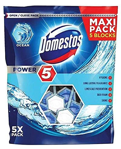 Domestos Power 5 Ocean Toilet Rim Block toilet blocks that clean at full power for up to 300 flushes up to 3x more limescale prevention* 5 x 55 g