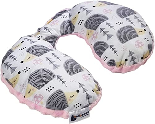 Medi Partners nackstöd för barn nackstöd 100% bomull/minky baby nackhörn för bil barnvagn bilresa sömn hals kudde snooze-rulle (grå igelkott med ljusrosa minky)