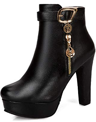JIEEME Mode Femme Fermeture éclair Talon Bloc Talon Haut Bout Rond Plate-forme Marche Légère Confortable Bottes Courtes pour Femmes Z39921, Noir , 43 EU