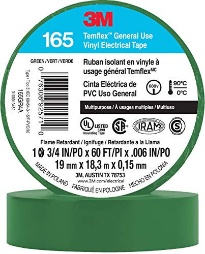 3M Temflex Cinta eléctrica multiusos de vinilo 165, verde, 19 mm x 18 m, paquete de 10 rollos
