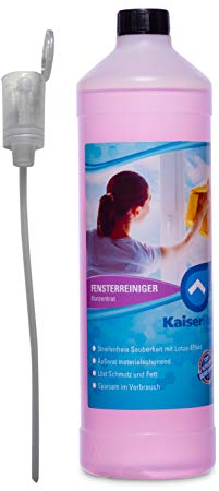 KaiserRein Fenster-Reiniger I Glasreiniger Konzentrat 1L mit Lotuseffekt und Dosierhilfe Abperleffekt I Streifenfrei I Fensterputzmittel Spiegel, Glas und Fenster