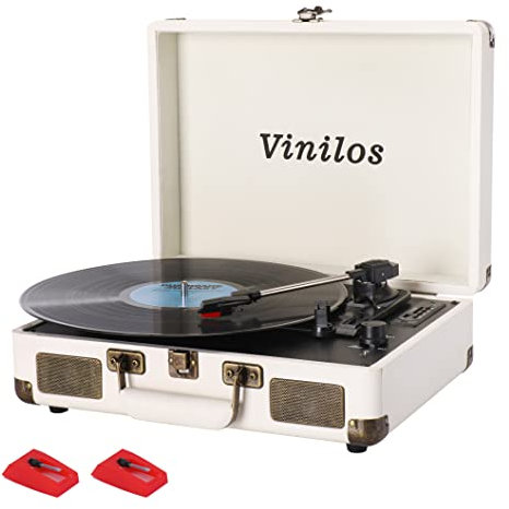 VINILOS Skivspelare för Vinyl med Inbyggd Högtalare Bluetooth-utgång, 3 Hastigheter Bältdriven Fonograf Retro Skivspelare Bärbar Vintage Mini Resväska LP-spelare USB-inspelning, Inkluderar 2 Extra Stylus