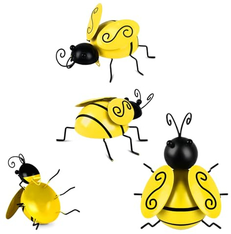 KOLAKO Metal Bees Wall Art, 4PCS Metal Bumble Bee Garden Decorations, 3D Bee Garden Ornaments Outdoor Wall Hanging Bumblebee for Fence, Yard, Lawn