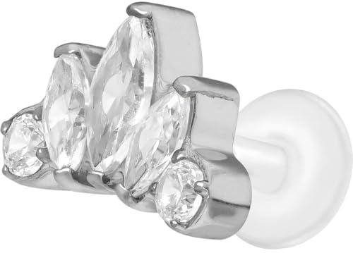 PIERCINGLINE PTFE Labret mit Gewinde Titan Aufsatz KRISTALL LOTUSBLÜTE Piercing Lippe Nase Ohr Helix Tragus Medusa Silberfarben 1,2 x 5 mm