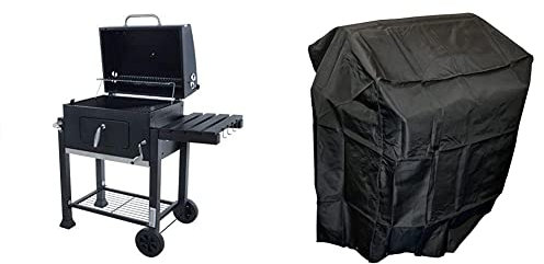 Azuma Rhino BBQ Charcoal Grill Grey Steel Portable With Wheels, Hanging Hooks & Bottle Opener & Heavy Duty Barbecue Cover Barrel