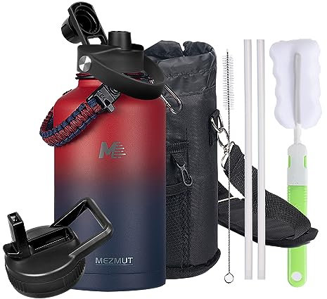 Isolierte Wasserflasche mit Trinkhalm und 2 Deckeln, 1.8 l Edelstahl-Wasserflasche mit Paracord-Griff, doppelwandige, isolierte Wasserflasche, auslaufsicher, hält kalt und heiß für Sport, Rot, Blau