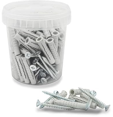 Virsus Secchiello con 50 Tasselli a muro in Nylon e 50 viti in acciaio 105, misura 10x50 mm, tasselli universali assortiti ad espansione, fissaggio su muratura, mattoni, cemento