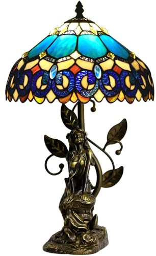 ZJART Tiffany Table Lamp Stained Glass Lamp 12X12X18.5 Inch Resin Sculpture Antique Reading Light (Blue Jewelry Baroque)