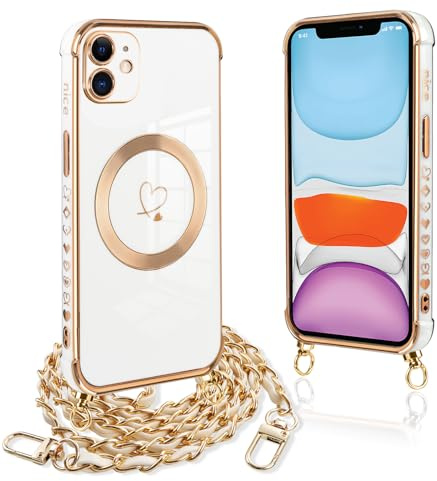 Pnakqil Coque Magnétique pour iPhone 11 Con Cordon, Compatible avec MagSafe, Silicone Housse avec Motif Coeur d'amour Collier Lanyard, Antichoc Etui pour iPhone 11 6.1 Pouces, Chaine-Blanc Or