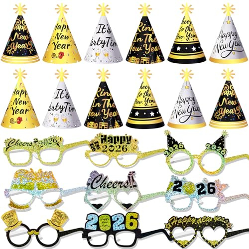 DPKOW Silvester Deko 2026 Schwarz Gold Silber Silvester Accessories Silvester Partyhüte Papier Kegel Hüte Silvester Brille 2026 Brille für Happy New Year Deko Silvester Party 2026, 30 Stück