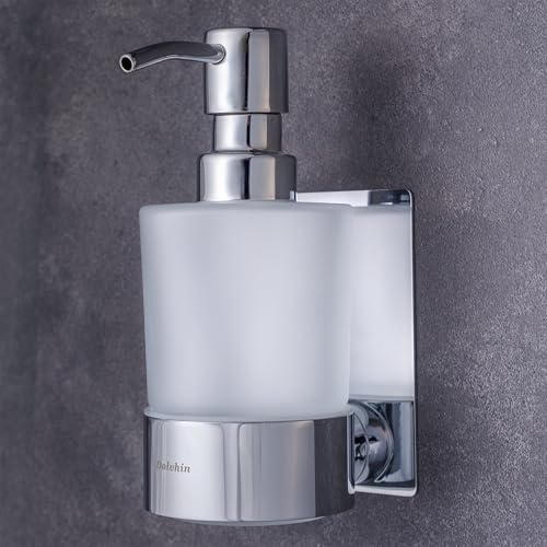 Dolvhin® Dispenser Sapone a Parete Senza Forare | Dosatore Liquido in Vetro Satinato | Dispenser Inox con Supporto | Dispenser di Sapone Adesivo da Muro | Dosatore Detersivo 250ml | Cromo Lucido