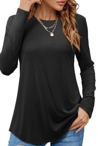 Beluring Oberteile Damen Elegant Langarm T-Shirt Rundhals Einfarbig Locker Longshirt Schwarz XL