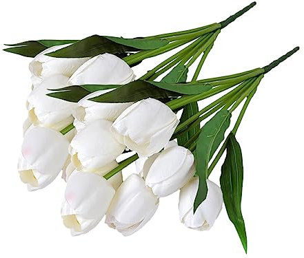 Guangcailun 2 pièces 9 têtes Bouquet Fleurs artificielles Fausses Tulipes en Soie Main Fausse Fleur pour décoration fête Arrangements Jardin, Blanc/Grande Tête