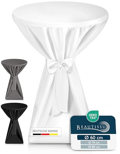 Beautissu Premium Stehtischhussen 70 cm Blickdicht Weiß – Tischhussen für Stehtische 70 cm rutschfest Bügelfrei & Waschbar Stehtischüberzug Schleifenband – Husse für Stehtisch Bistrotisch