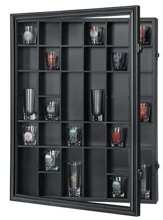 Sboitflmm 34 Shot Glass Display Case - Shot Glass Holder - Wall Mount Wooden, Black with UV Protection Acrylic Door