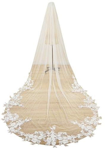 EllieWely Schleier mit langen Perlen, floraler Spitze, weicher Tüll, Hochzeit, Brautschleier mit Metallkamm, Elfenbein, Cathedral Length:118inch(300cm)