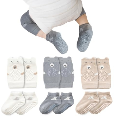 Knieschoner Baby zum Krabbeln 3 Paar Knieschoner Baby ＆ 3 Krabbelsocken | Anti Rutsch Krabbel Krabbelschoner mit Gummipunkte, Knie Socken Krabbelhilfe Jungen Mädchen 6-12 Monate